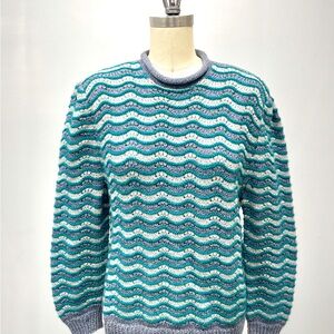 Vintage Handmade Teal + Grey Wave Pattern Sweater